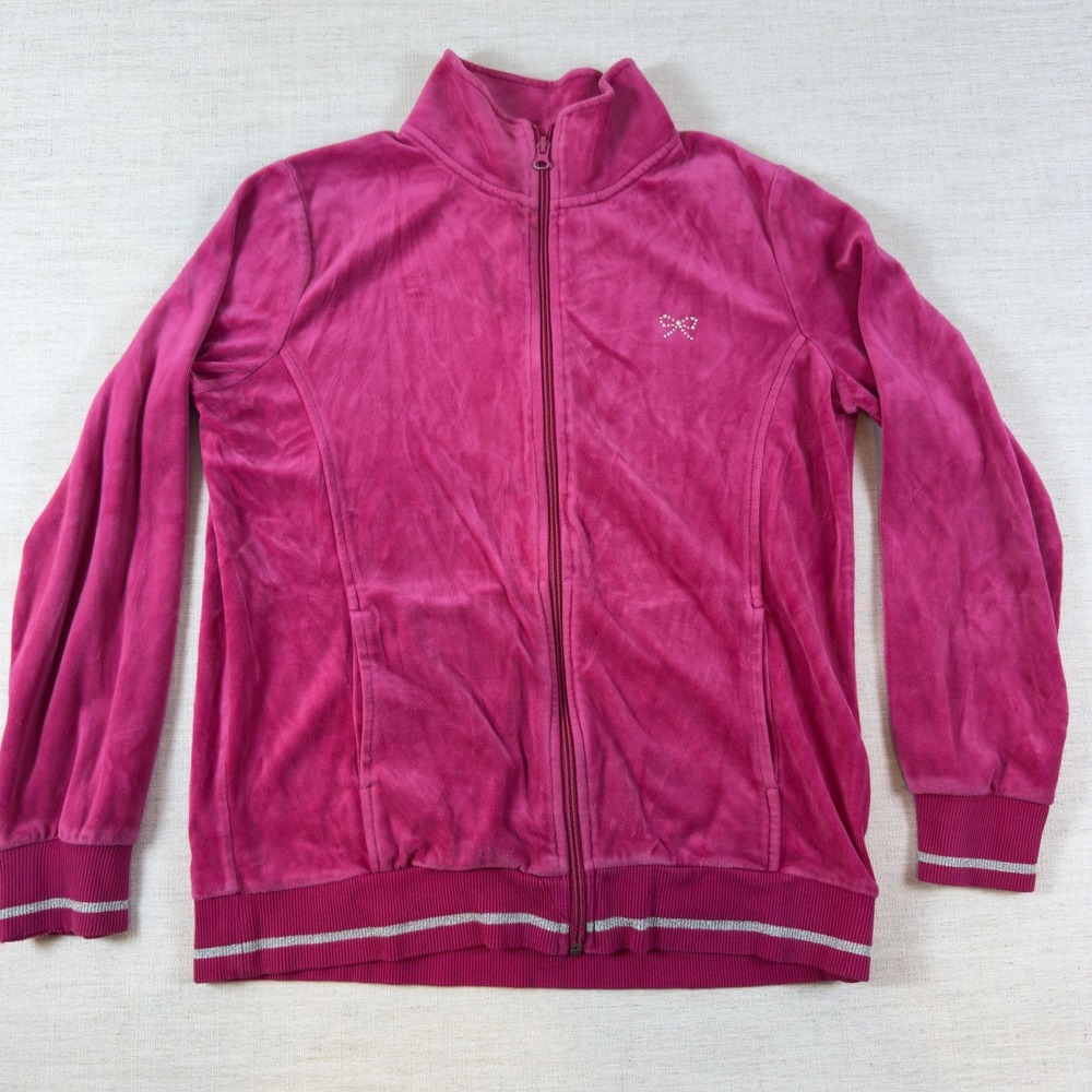 Bossini Womens Magenta Pink Velour Full Zip Track Jacket Rhinestone Bow Size L